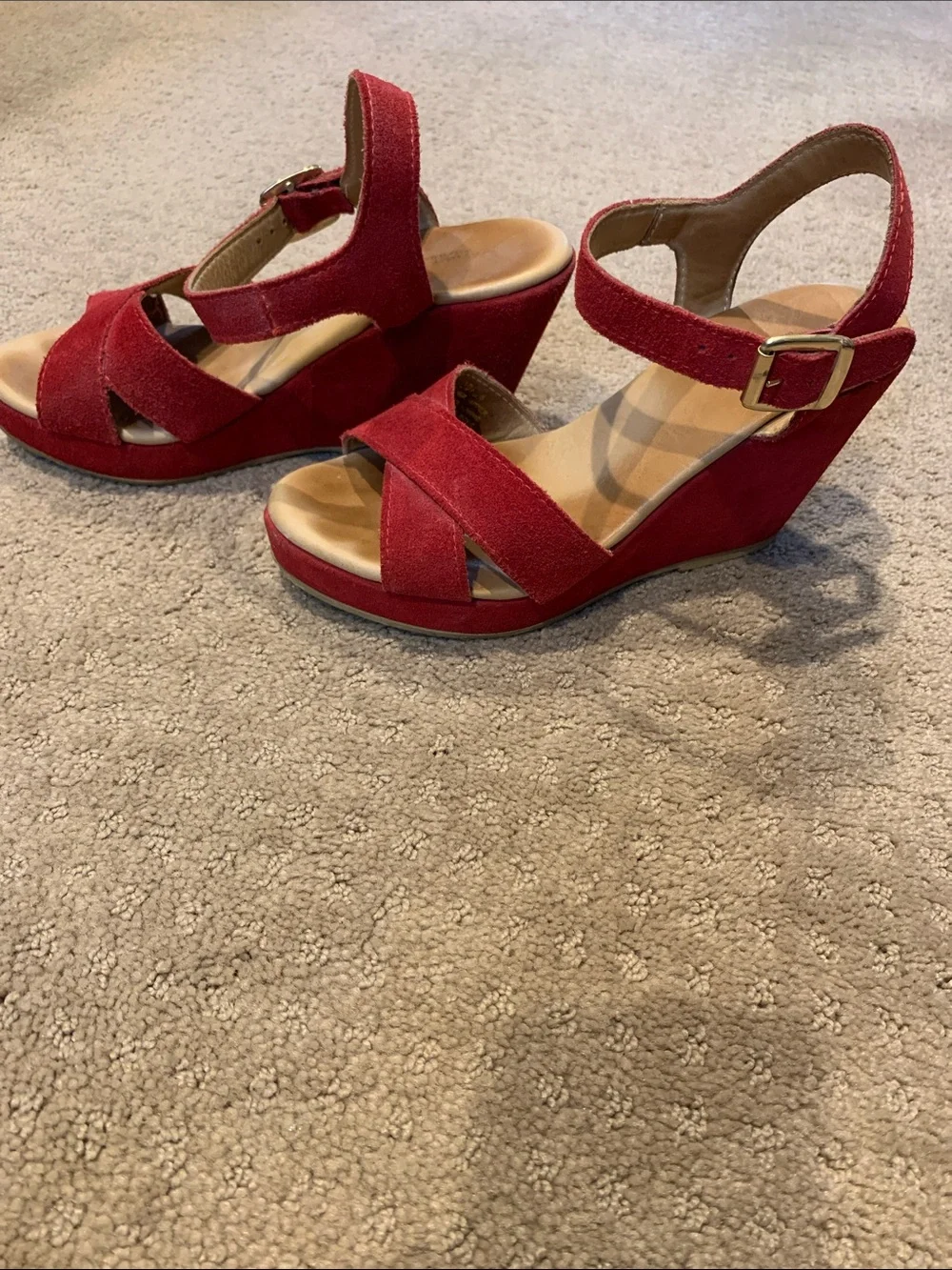 Garnet Hill Red Suede Crisscross Ankle Strap Wedge Sandals